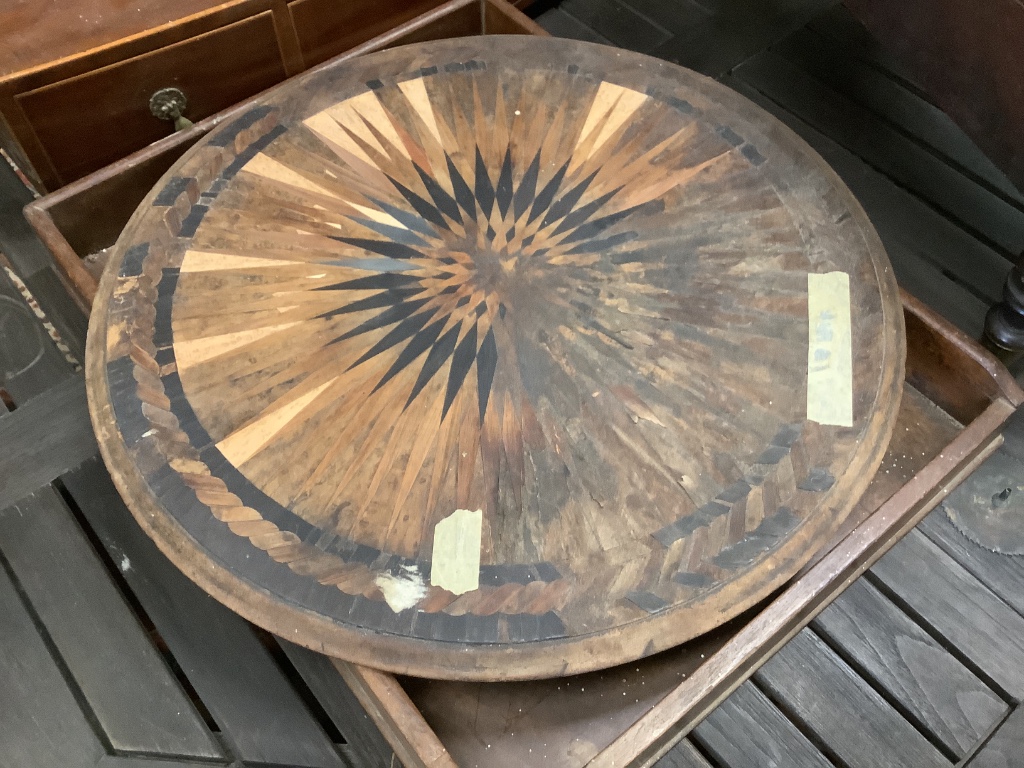 A Victorian butler's tray, 55cm and three incomplete items of furniture comprising a canterbury base, an inlaid table top and a toilet mirror base